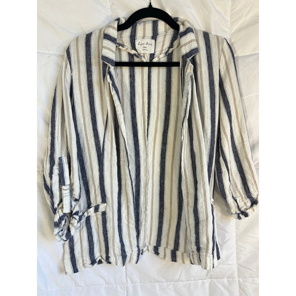 Love Tree Striped Linen Blend Long Sleeve Blazer Small Preppy Coastal Old Money